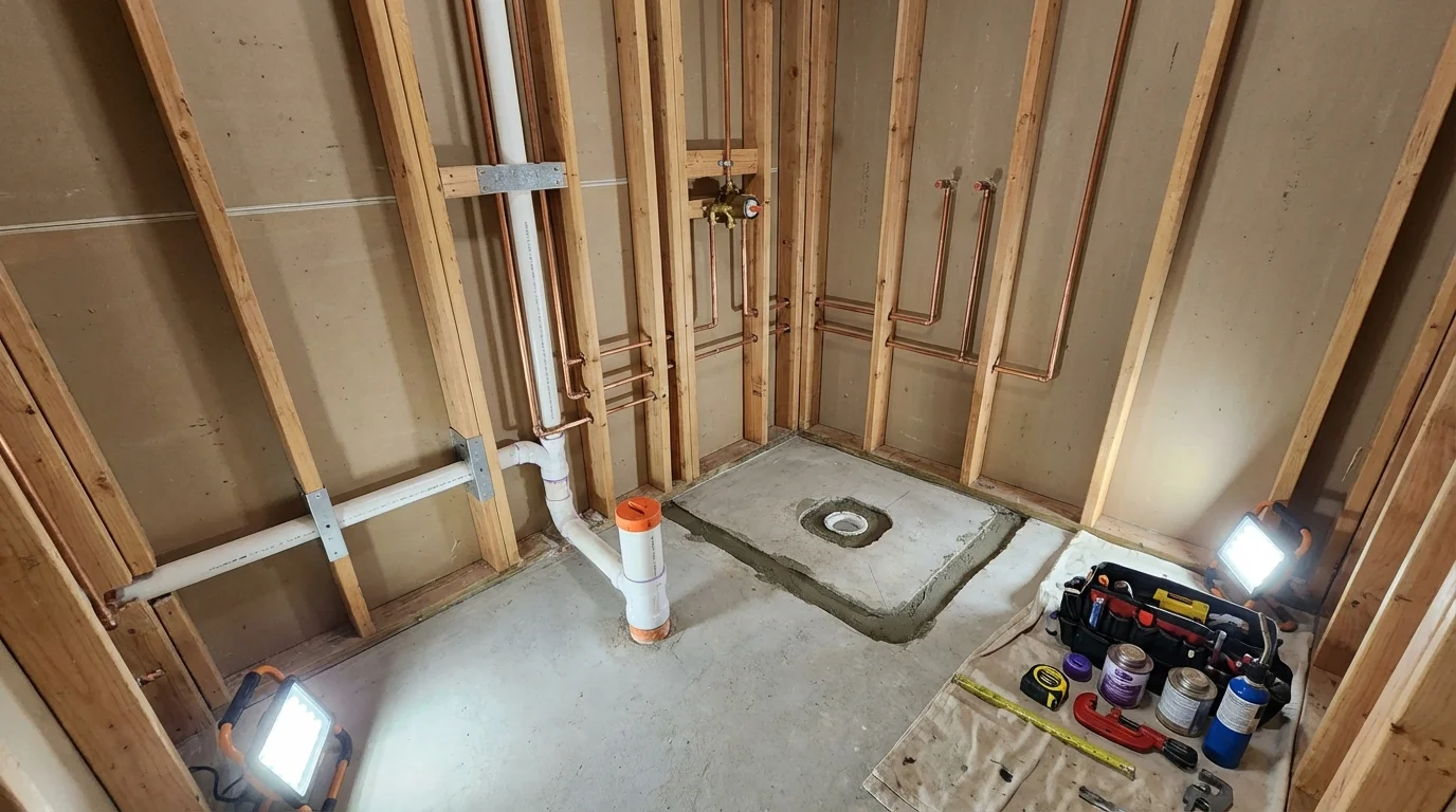 Bathroom rough-in plumbing during remodel by Johns Plumbing LLC in Phelps