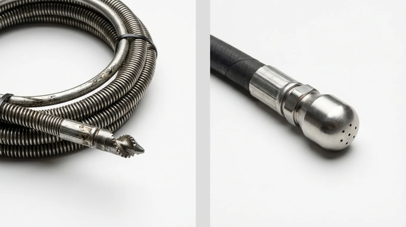 Drain snake cable and hydro jetting nozzle used for drain cleaning in Phelps, NY