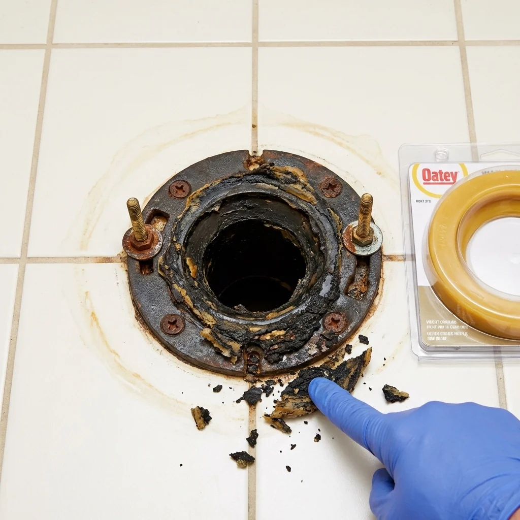 Failed wax ring showing water seepage at the base of a toilet in a Phelps, NY home